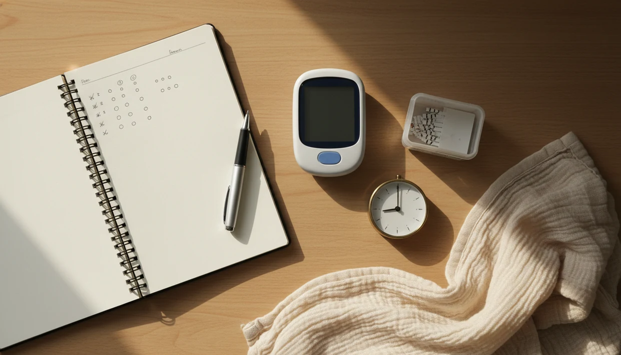 A bedside kick-counting setup with a notebook, glucose meter, pen, clock, and soft baby blanket.