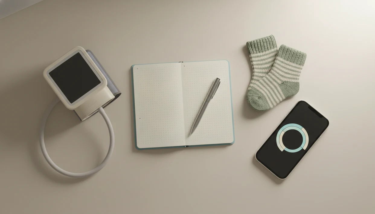 A bedside flat lay shows a blood pressure cuff, baby socks, notebook, pen, and phone for tracking movement.