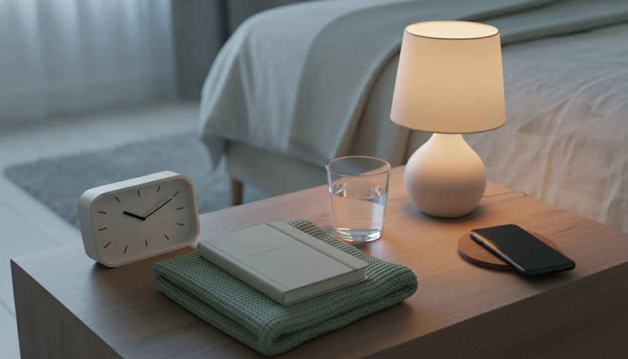 A calm bedside routine scene contrasts soft morning light with warm evening lamplight for kick counts.