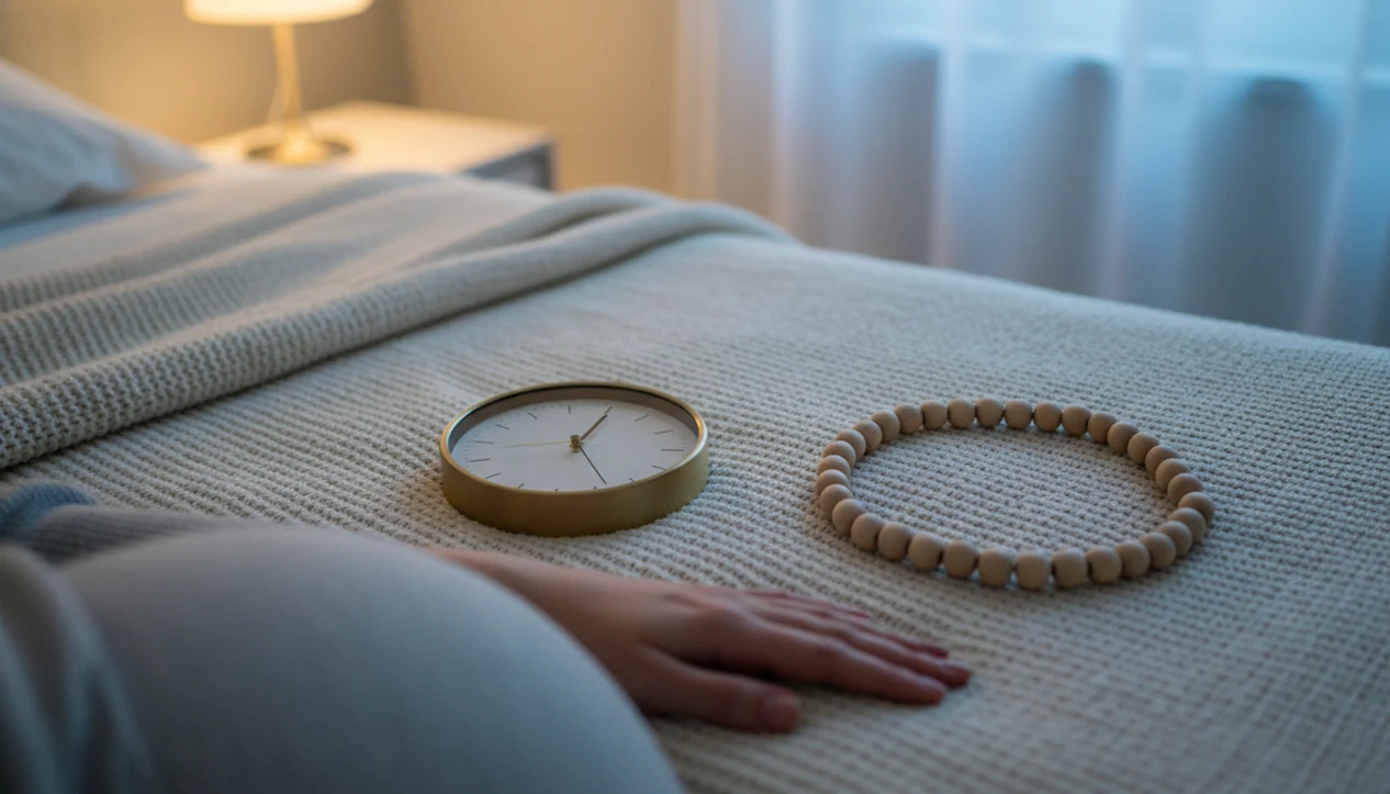 A bedside still life suggests fetal movement patterns with a clock, beads, blanket, and resting hand.