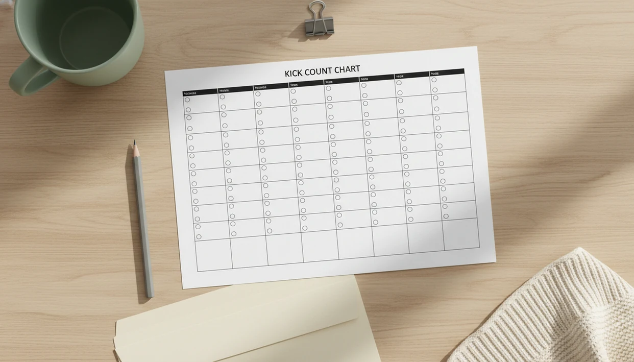 A blank printable kick count chart with a pencil and folder on a calm wooden tabletop.