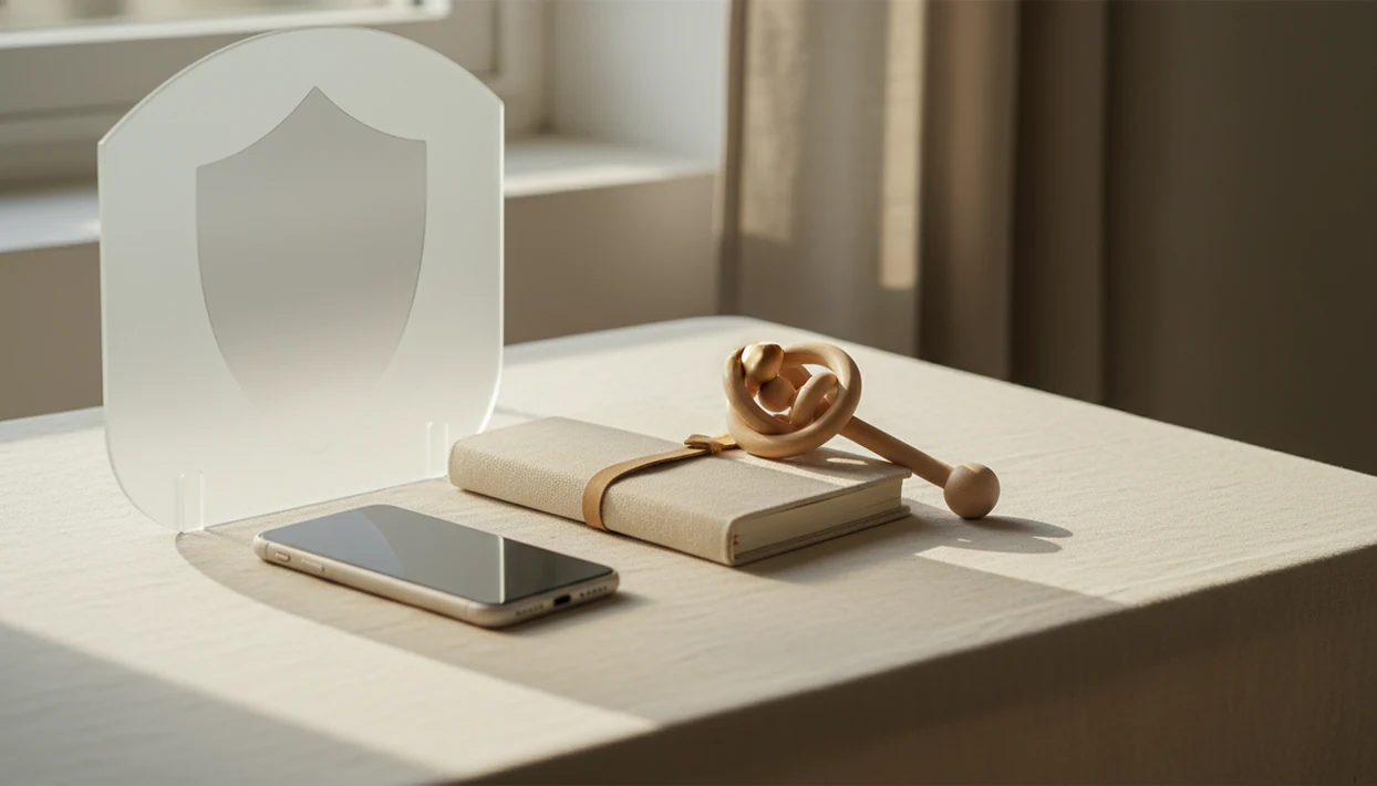 A phone, journal, and baby rattle sit under a soft privacy-shadow on a bedside table.