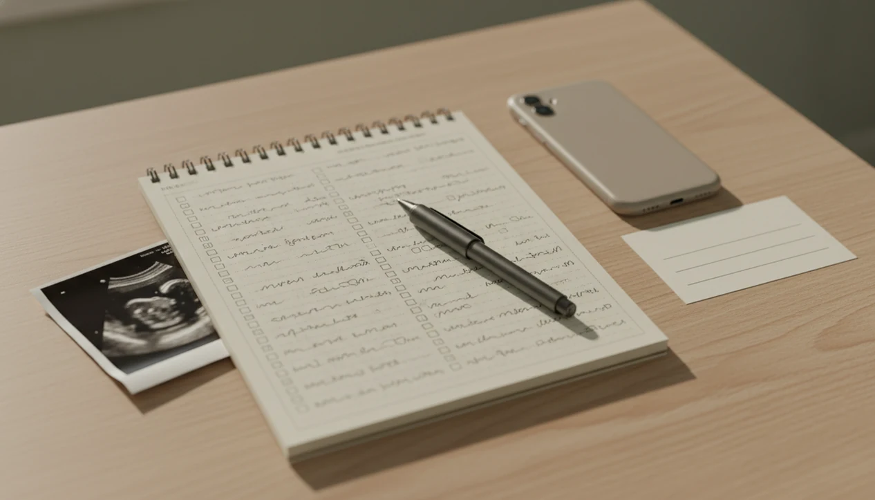A prenatal checklist notebook, pen, ultrasound photo, and phone arranged for a kick count provider visit.