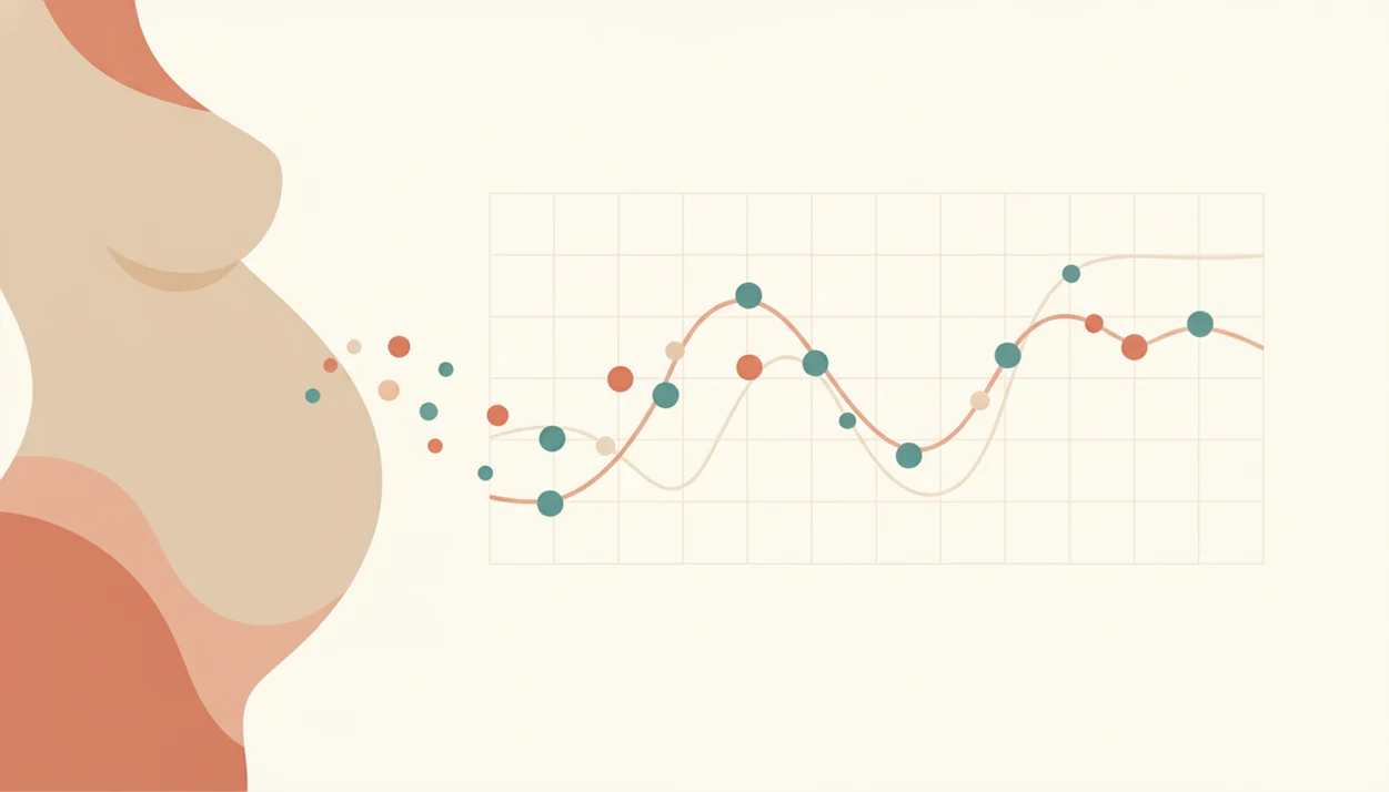 Abstract pregnancy illustration showing baby movement dots becoming a simple trend chart over time.