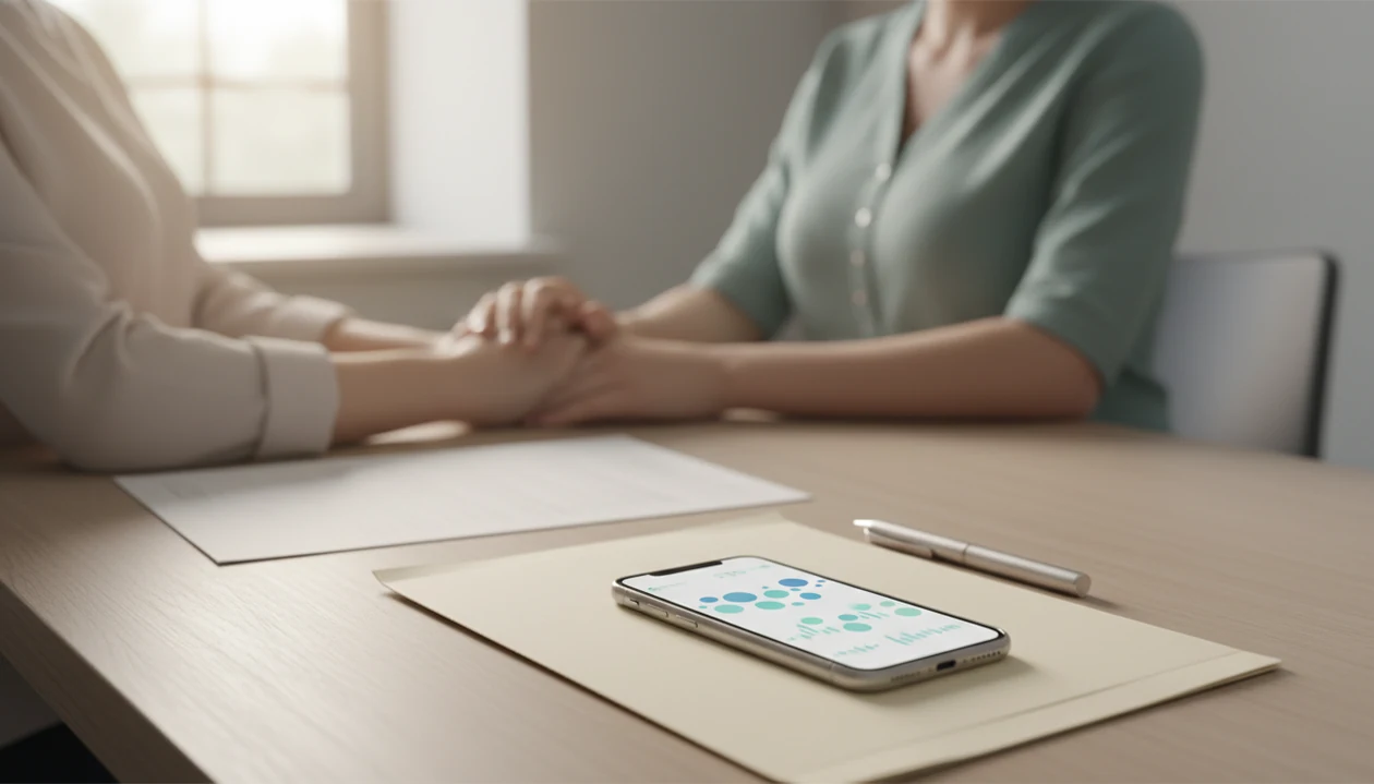 A phone with abstract kick-log data rests on a prenatal consultation desk during a provider discussion.
