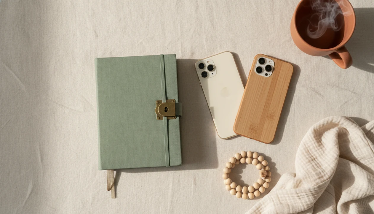 A locked pregnancy journal and two screen-down phones suggest private sharing of kick logs.
