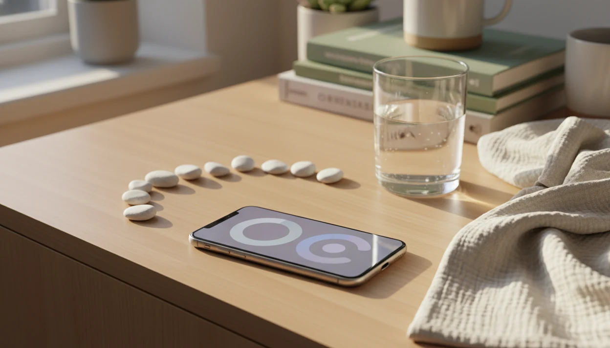 A calm bedside still life shows a phone and ten small pebbles arranged for simple kick counting.