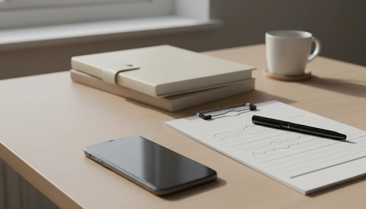 A phone, printed movement log pages, folder, and pen arranged for sharing kick count records.