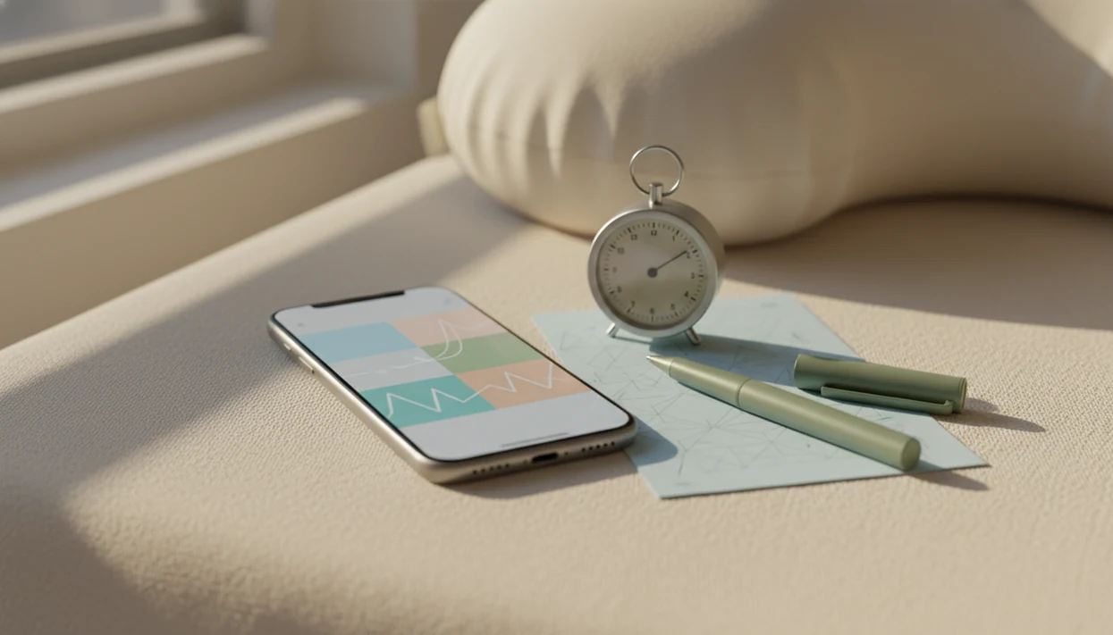 A phone, timer, pen, and folded prenatal handout arranged for tracking fetal movement at home.