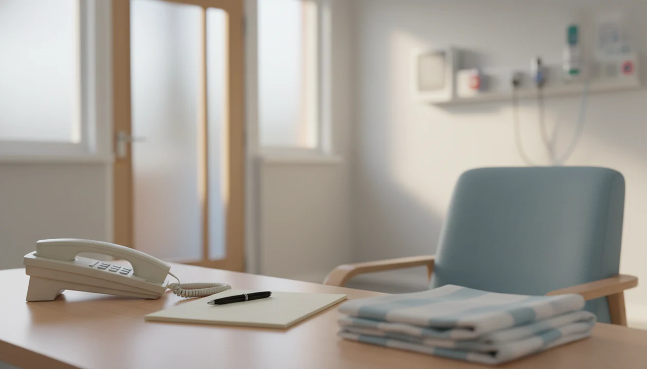 A calm maternity triage desk with a phone, blank notepad, pen, and soft clinical room in the background.