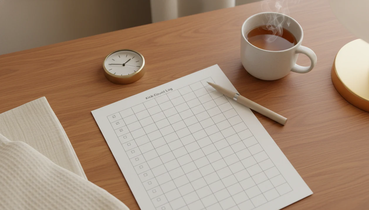 A blank kick count log sheet with a pen, clock, blanket, and tea on a bedside table.