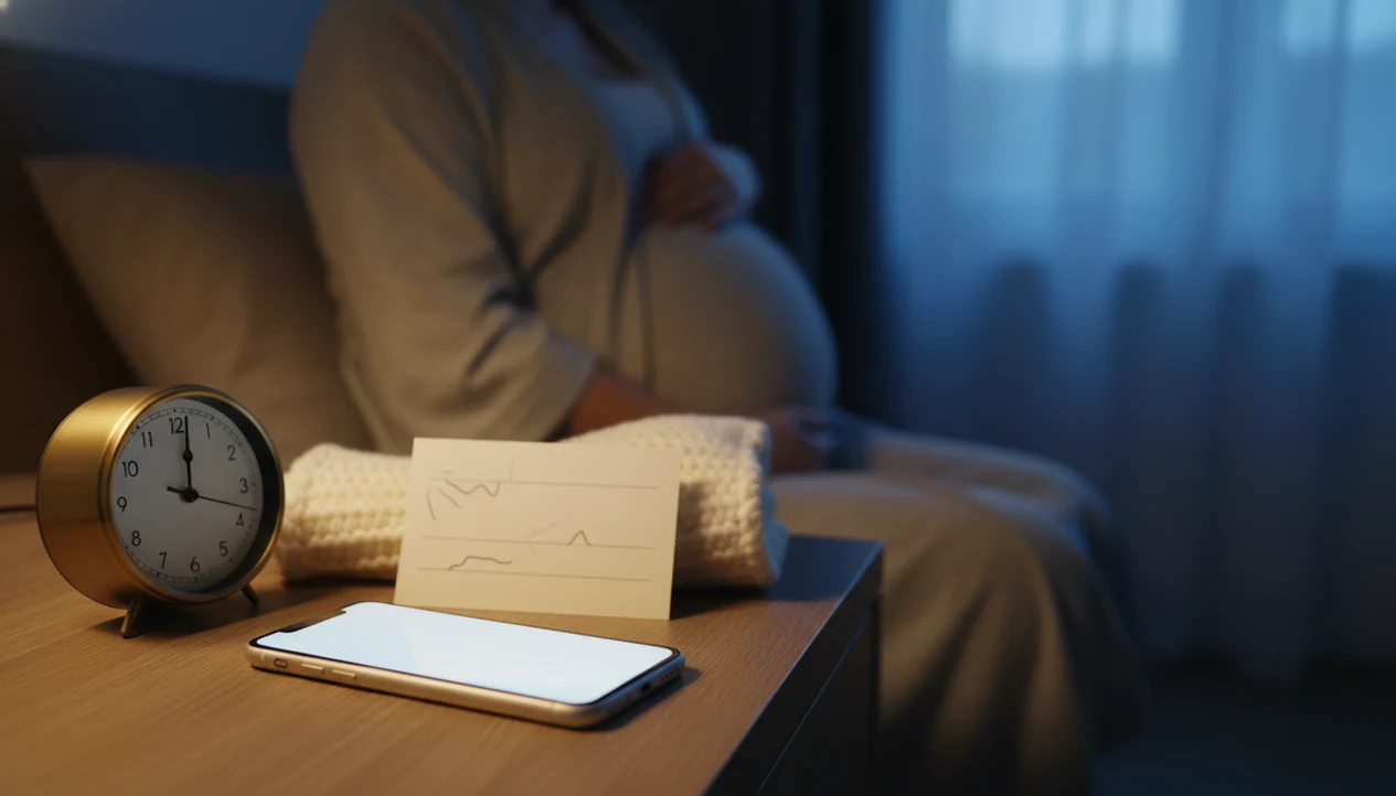 A blank phone on a bedside table beside a clock and baby blanket, suggesting an urgent call about fetal movement.