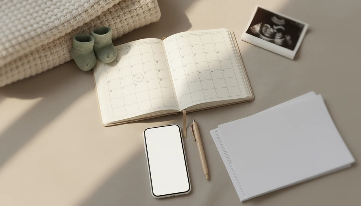 A pregnancy journal, blank phone, pen, and baby socks arranged for third-trimester kick counting.